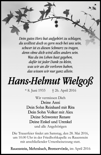 Traueranzeige von Hans-Helmut Wielgoß von Südthüringer Presse