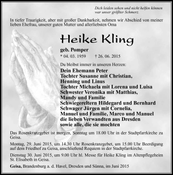 Traueranzeige von Heike Kling von Südthüringer Presse
