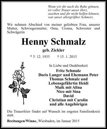 Traueranzeige von Henny Schmalz von Südthüringer Presse