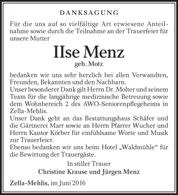 Traueranzeige von Ilse Menz von Südthüringer Presse