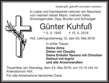 Traueranzeige von Günter Kuhfuß von Frankenpost