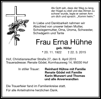 Traueranzeige von Erna Hühne von Frankenpost