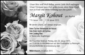 Traueranzeige von Margit Kohout von Südthüringer Presse