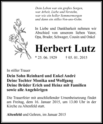 Traueranzeige von Herbert Lutz von Südthüringer Presse