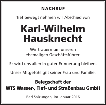 Traueranzeige von Karl Wilhelm Hausknecht von Südthüringer Presse