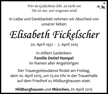 Traueranzeige von Elisabeth Fickelscher von Südthüringer Presse
