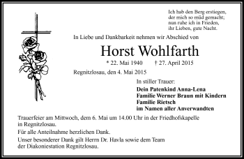 Traueranzeige von Horst Wohlfahrt von Frankenpost