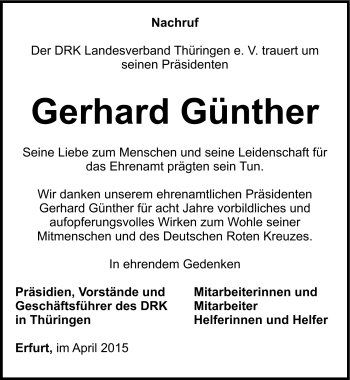 Traueranzeige von Gerhard Günther von Südthüringer Presse