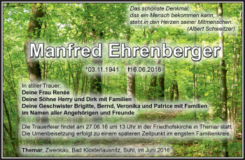 Traueranzeige von Manfred Ehrenberger von Südthüringer Presse