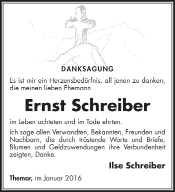 Traueranzeige von Ernst Schreiber von Südthüringer Presse