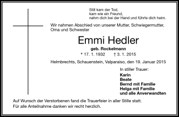 Traueranzeige von Emmi Hedler von Frankenpost