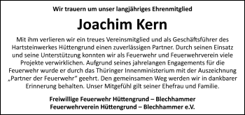Traueranzeige von Joachim Kern von Südthüringer Presse