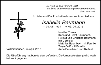 Traueranzeige von Isabella Baumann von Südthüringer Presse