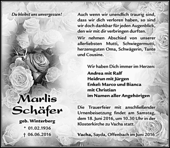 Traueranzeige von Marlis Schäfer von Südthüringer Presse