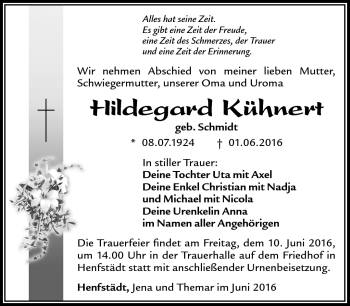 Traueranzeige von Hildegard Kühnert von Südthüringer Presse