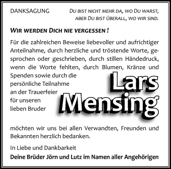 Traueranzeige von Lars Mensing von Südthüringer Presse