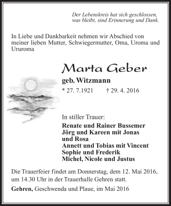 Traueranzeige von Marta Geber von Südthüringer Presse