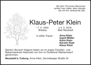 Traueranzeige von Klaus-Peter Klein von Neue Presse Coburg