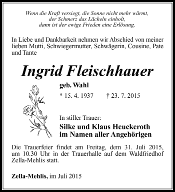 Traueranzeige von Ingrid Fleischhauer von Südthüringer Presse