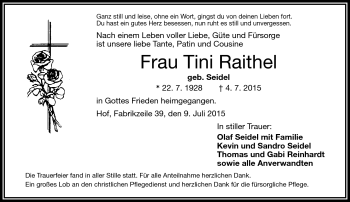 Traueranzeige von Tini Raithel von Frankenpost