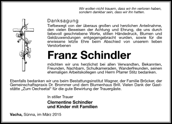 Traueranzeige von Franz Schindler von Südthüringer Presse