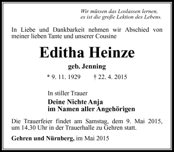 Traueranzeige von Editha Heinze von Südthüringer Presse