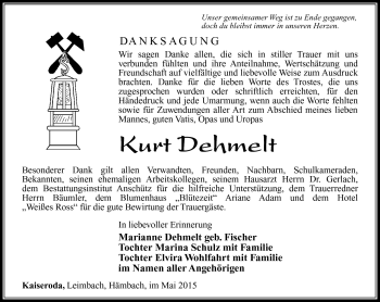 Traueranzeige von Kurt Dehmelt von Südthüringer Presse