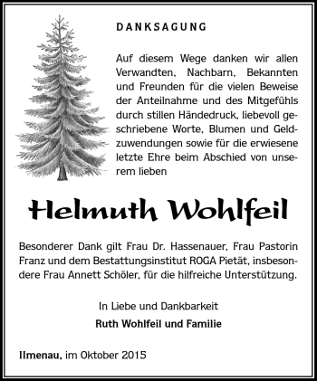 Traueranzeige von Helmuth Wohlfeil von Südthüringer Presse