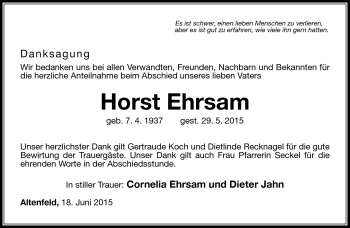 Traueranzeige von Horst Ehrsam von Südthüringer Presse