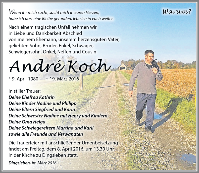  Traueranzeige für André Koch vom 02.04.2016 aus Südthüringer Presse