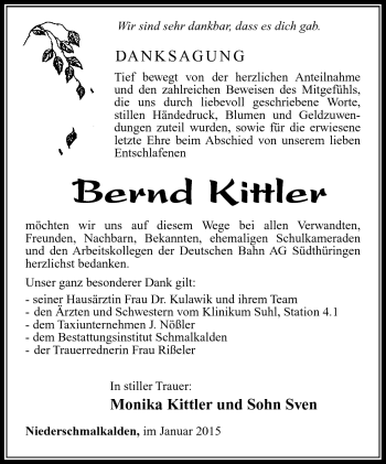 Traueranzeige von Bernd Kittler von Südthüringer Presse