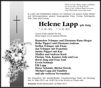Traueranzeige von Helene Lapp von Südthüringer Presse