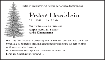 Traueranzeige von Peter Heublein von Südthüringer Presse