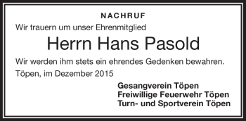 Traueranzeige von Hans Pasold von Frankenpost