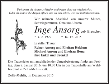 Traueranzeige von Inge Ansorg von Südthüringer Presse