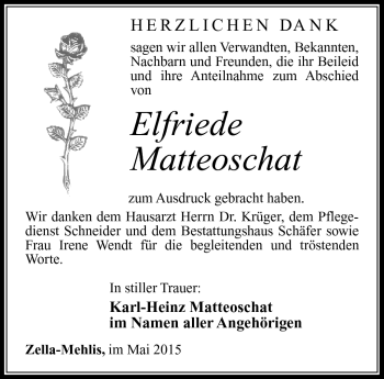 Traueranzeige von Elfriede Matteoschat von Südthüringer Presse