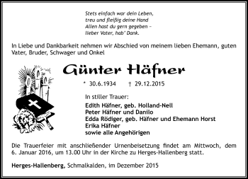 Traueranzeige von Günter Häfner von Südthüringer Presse