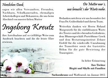 Traueranzeige von Ingeborg Kreutz von Südthüringer Presse