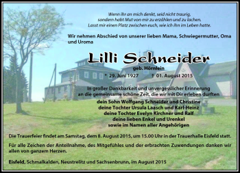 Traueranzeige von Lilli Schneider von Südthüringer Presse
