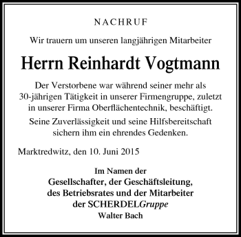 Traueranzeige von Reinhardt Vogtmann von Frankenpost