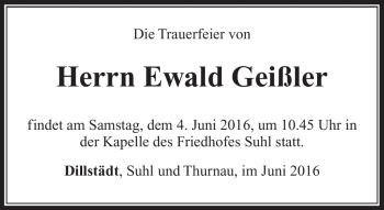 Traueranzeige von Ewald Geißler von Südthüringer Presse