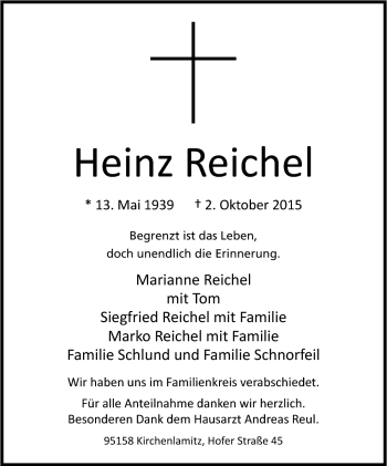 Traueranzeige von Heinz Reichel von Frankenpost