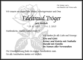 Traueranzeige von Edeltraud Tröger von Frankenpost