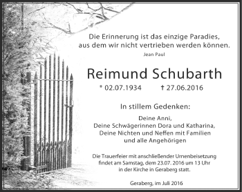 Traueranzeige von Reimund Schubarth von Südthüringer Presse
