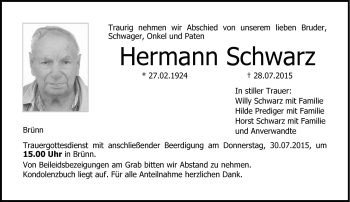 Traueranzeige von Hermann Schwarz von Neue Presse Coburg