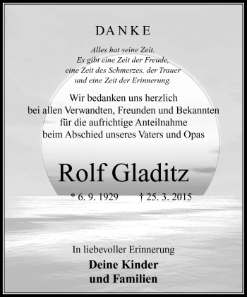 Traueranzeige von Rolf Gladitz von Südthüringer Presse