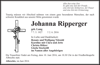 Traueranzeige von Johanna Ripperger von Südthüringer Presse