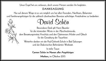 Traueranzeige von David Schön von Südthüringer Presse