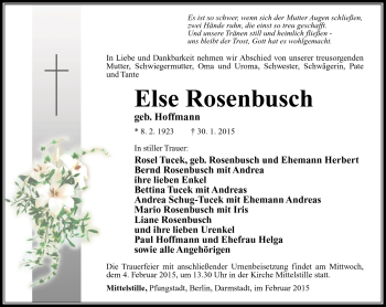 Traueranzeige von Else Rosenbusch von Südthüringer Presse