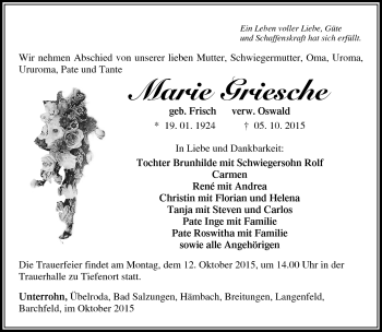 Traueranzeige von Marie Griesche von Südthüringer Presse
